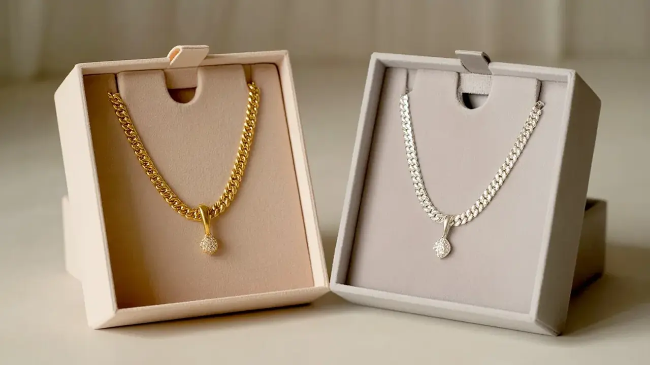 Due collane, una in oro e una in argento, con pendente scintillante, presentate in eleganti scatole.