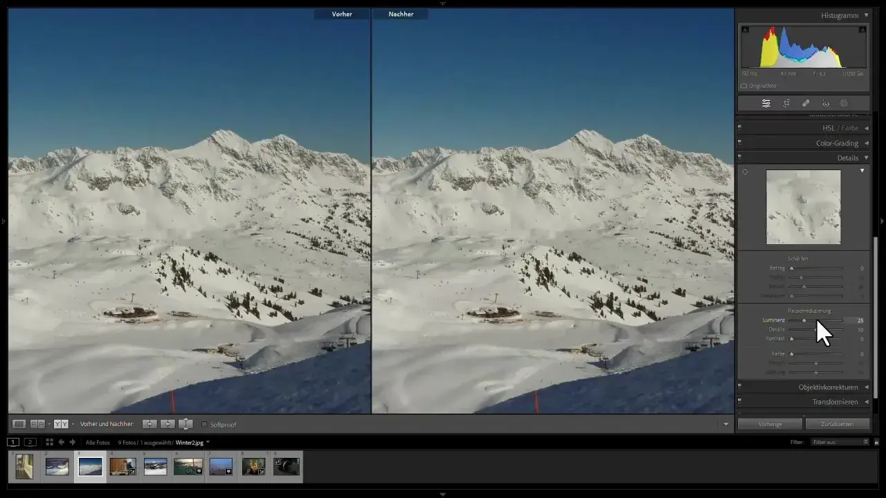 Comparación de imagen de montaña nevada, antes y después de aplicar denoise AI para mejorar la claridad.