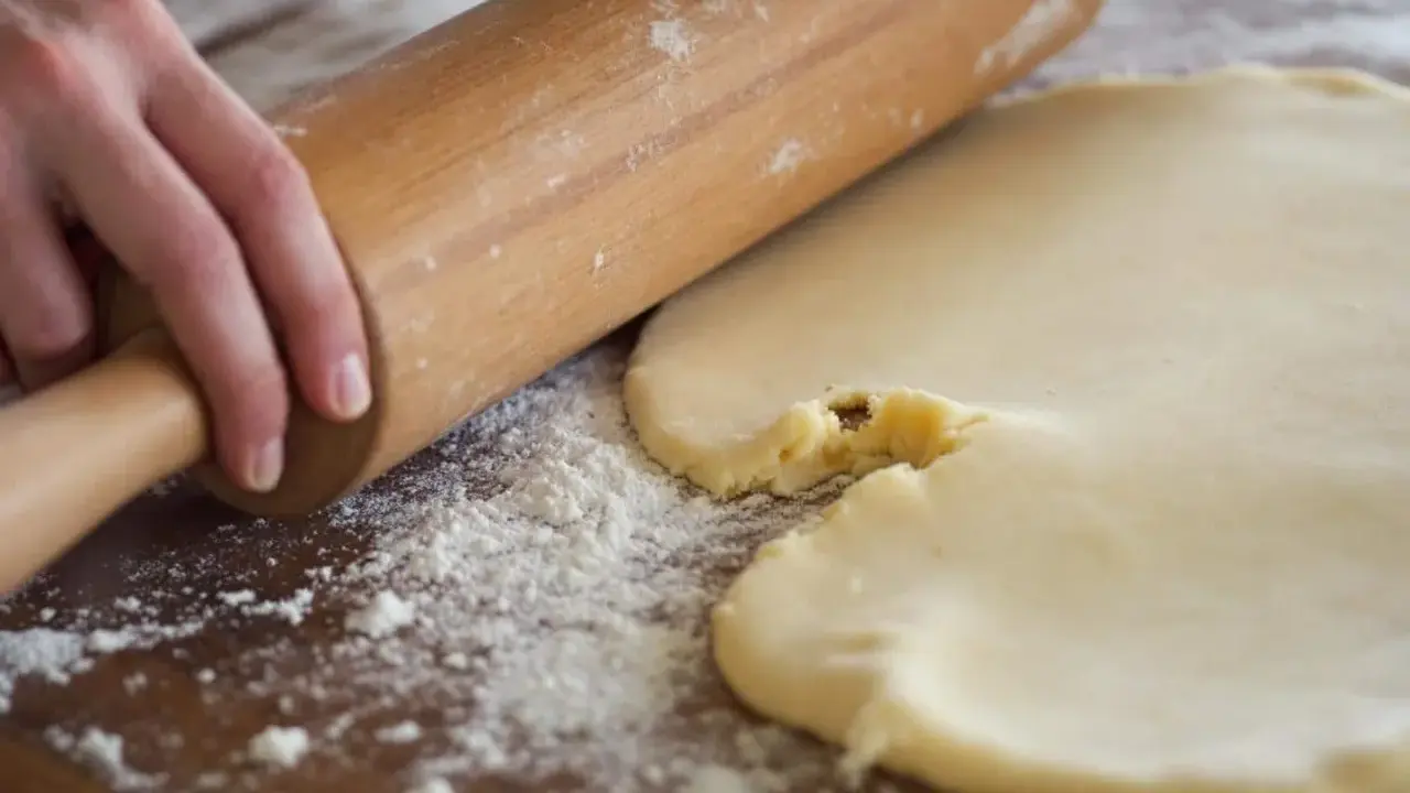 Mains roulant une pâte à biscuits trop sableux. Farine saupoudrée sur la planche en bois.