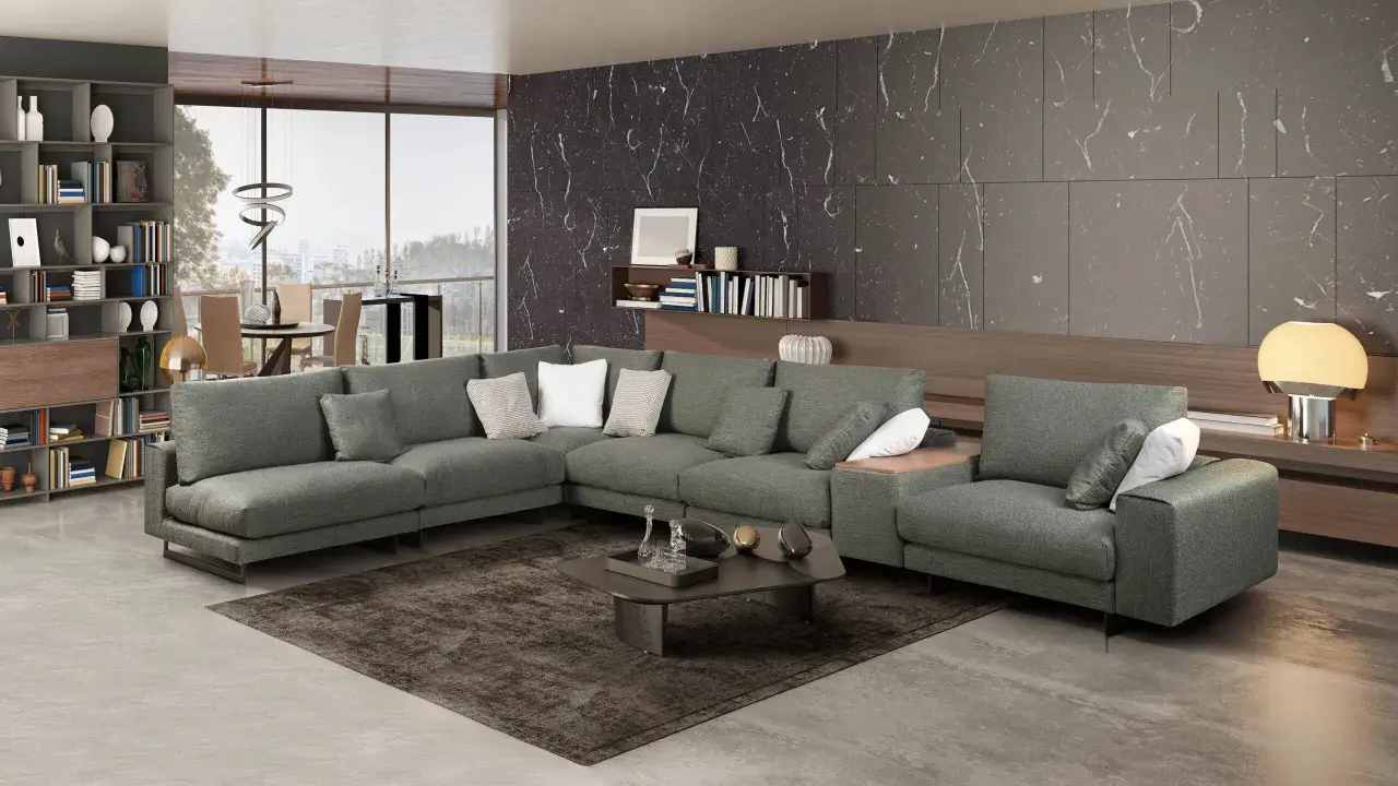 Elegante decoracion salon con sofa gris oscuro, alfombra, mesa de centro y estanterias.