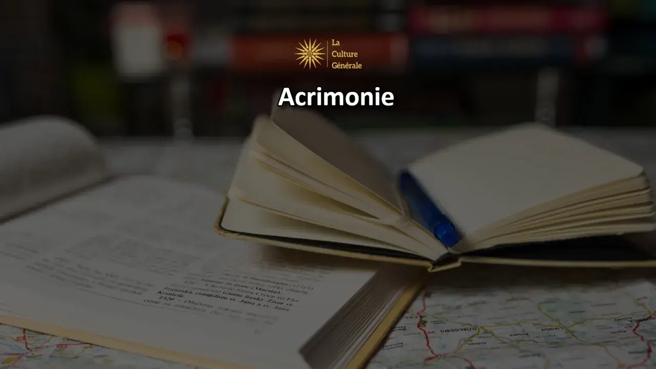 Un livre ouvert et un carnet avec un stylo bleu, sur une carte. Le mot "Acrimonie" est affiché, définissant une attitude acerbe.