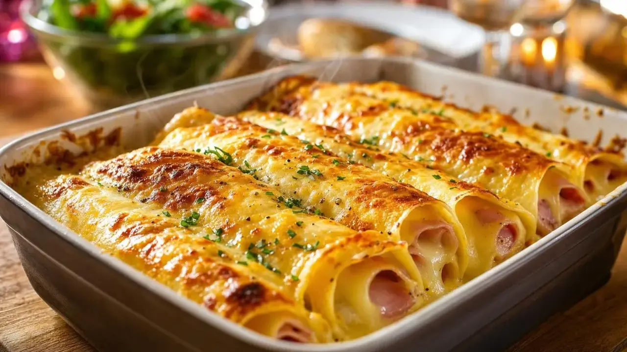 Crêpes au jambon et fromage, gratinées au four avec une sauce béchamel onctueuse. Un délice fumant !