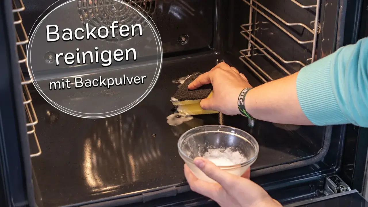 Backofen reinigen mit Backpulver: Eine Hand schrubbt mit einem Schwamm, die andere hält eine Schüssel mit der Reinigungspaste.