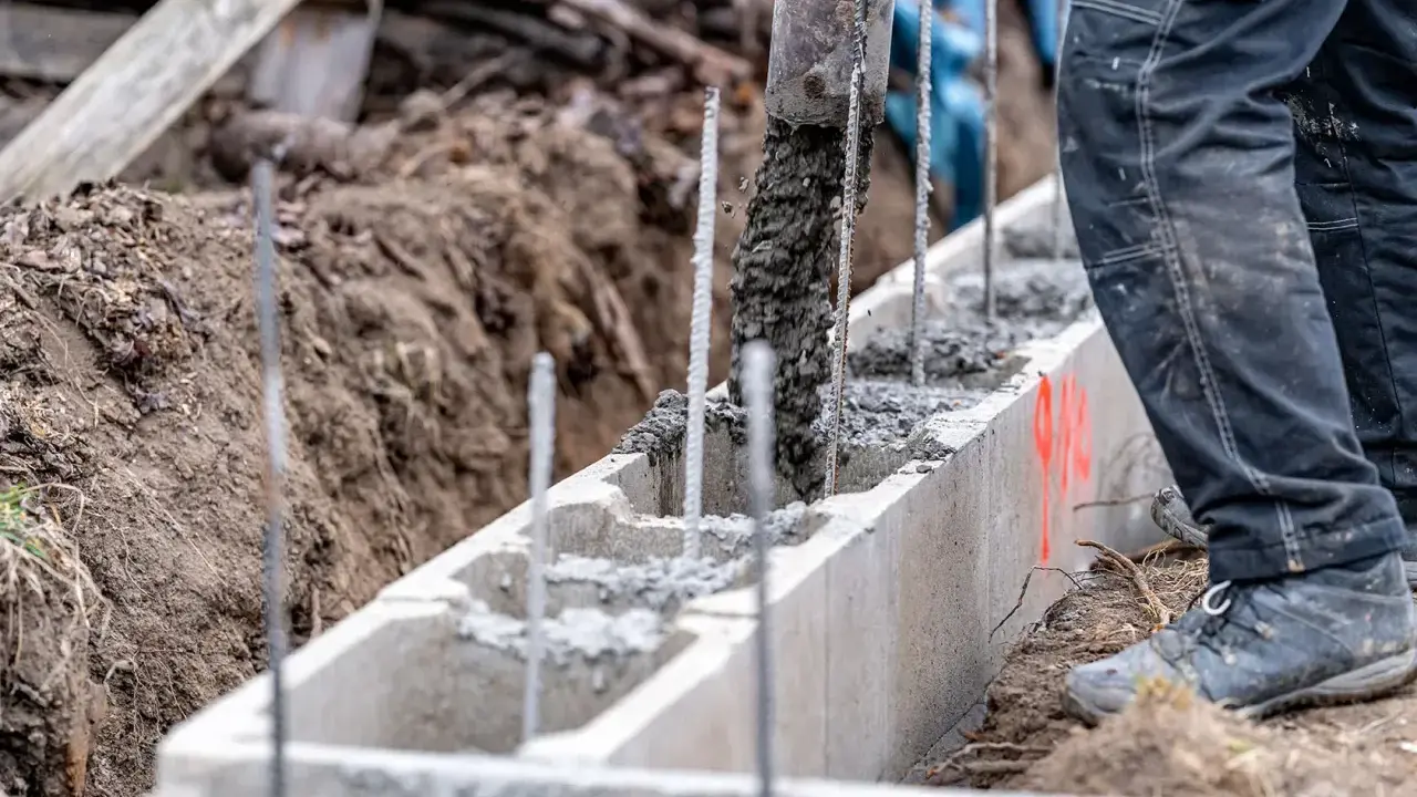 Betoniarka wylewa beton do szalunku. Pracownik w spodniach roboczych stoi obok. To kluczowy etap, by wiedzieć, jak obliczyć ilość betonu.