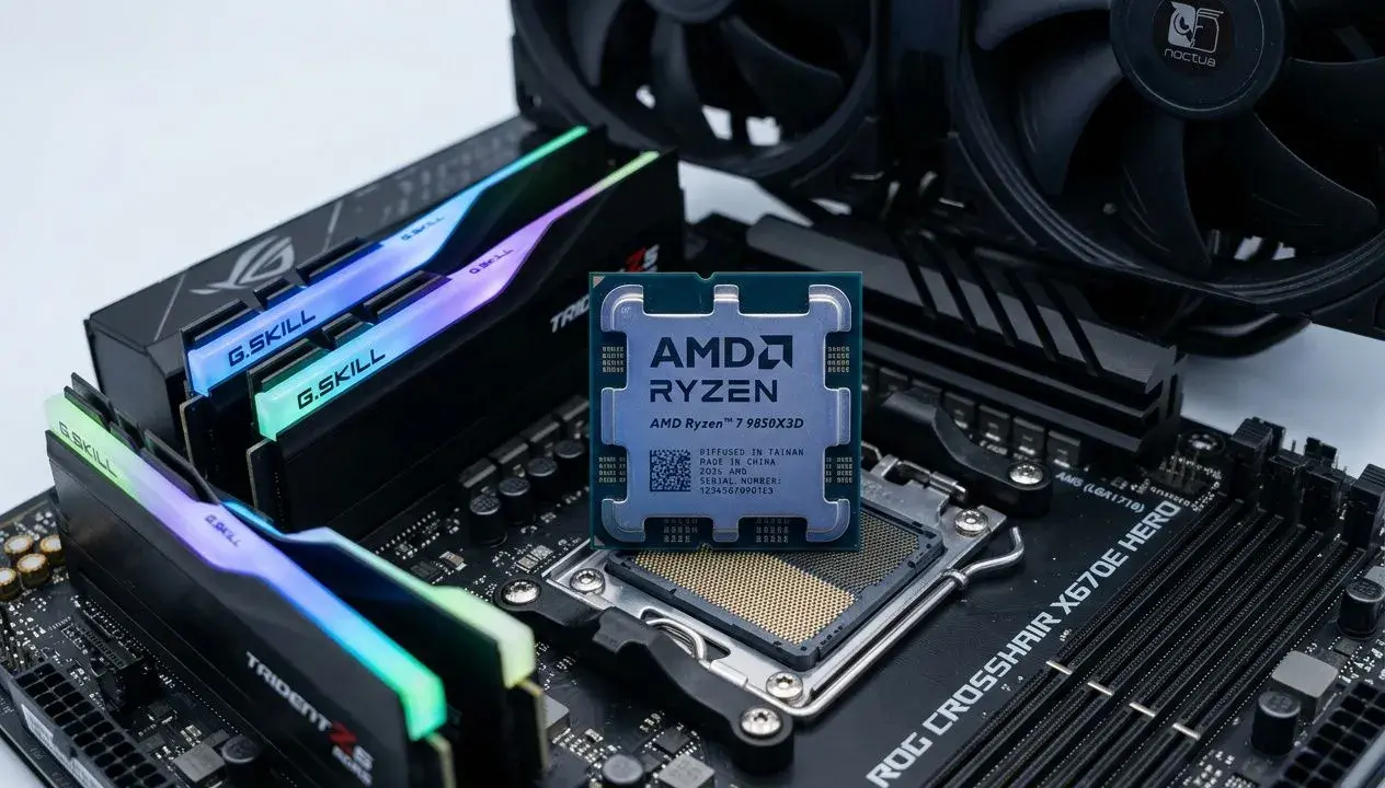 Un processeur AMD Ryzen 7 9850X3D est posé sur une carte mère ROG Crosshair X670E Hero, entouré de barrettes de RAM G.Skill Trident Z5 RGB et d'un ventirad Noctua.