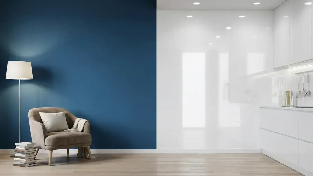Un fauteuil confortable près d'un mur bleu profond, contrastant avec une cuisine blanche aux finitions peinture mat ou satin.