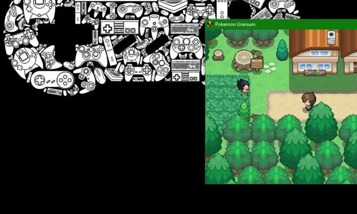 Gry Pokemon na PC: Pokemon Uranium na ekranie, otoczone grafiką z kontrolerami.