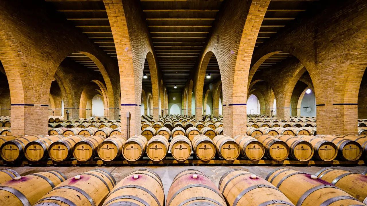 Bodegas subterráneas con hileras de barricas de vino, evocando la tradición del Camino de Santiago. Una fuente de vino para peregrinos.