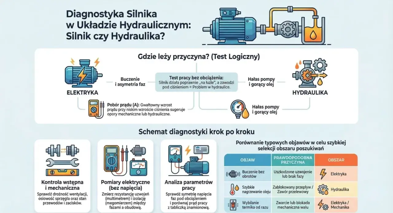 Diagnostyka silnika w układzie hydraulicznym: sprawdź, czy problem leży w elektryce, hydraulice czy mechanice.