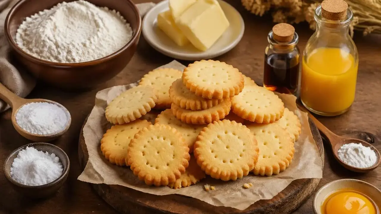 Des biscuits sablés dorés, empilés sur du papier sulfurisé, avec des ingrédients pour les meilleurs biscuits sablés : farine, beurre, sucre, œuf, vanille et jus.