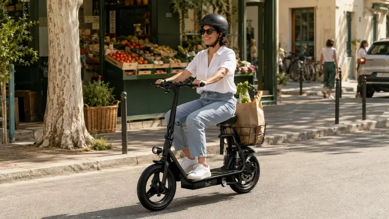 Une femme souriante fait une course de trottinette électrique, son panier rempli de courses.