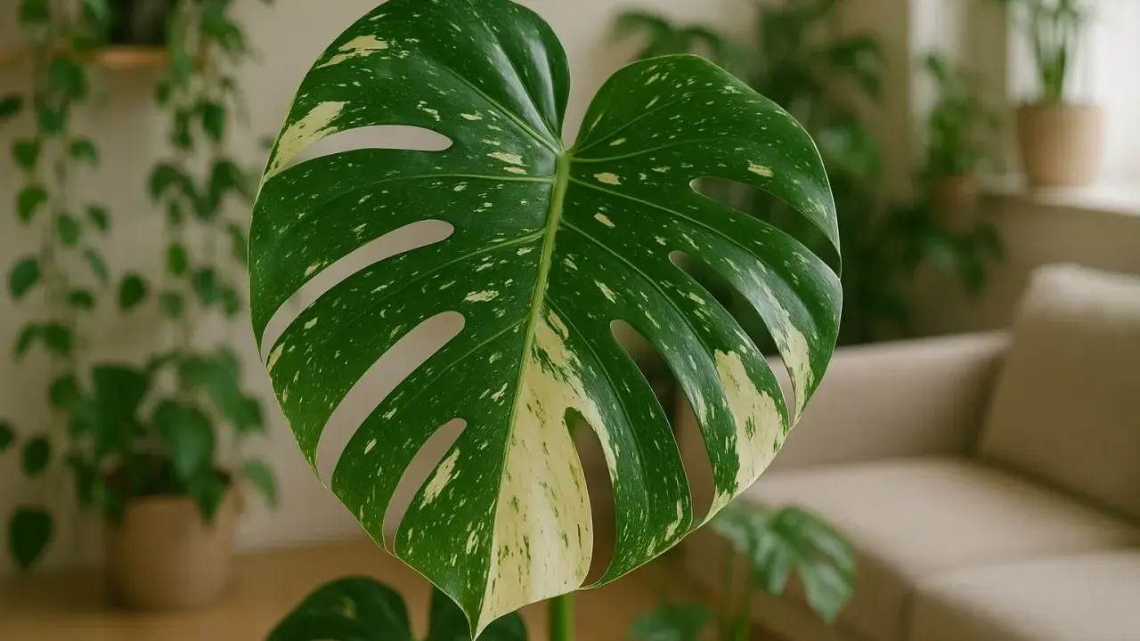 Duża, zielono-biała monstera w domowym zaciszu, przypominająca jej naturalne środowisko.