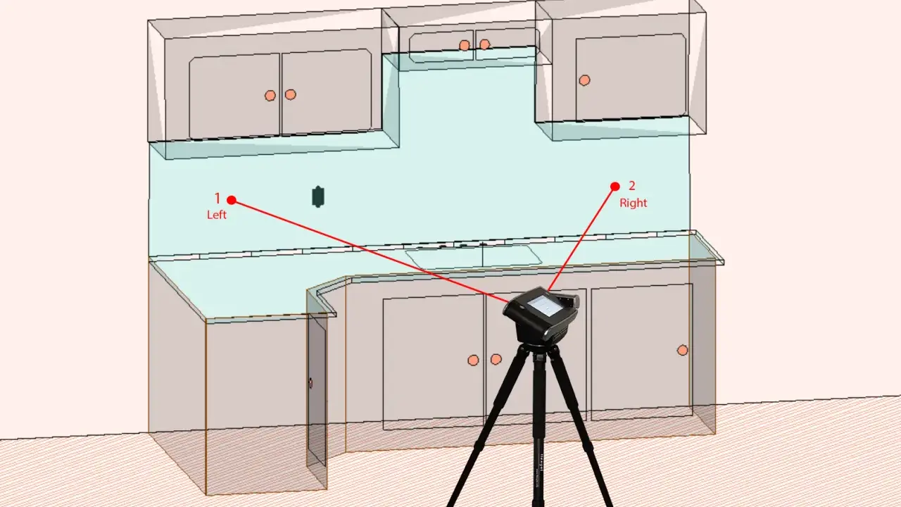 Medición de la altura del salpicadero de la cocina con un escáner 3D. Puntos de referencia "Left" y "Right" marcados.