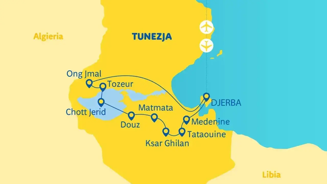 Mapa Tunezji z zaznaczonymi miastami: Tozeur, Djerba, Douz. Zastanawiasz się, ile się leci do Tunezji?