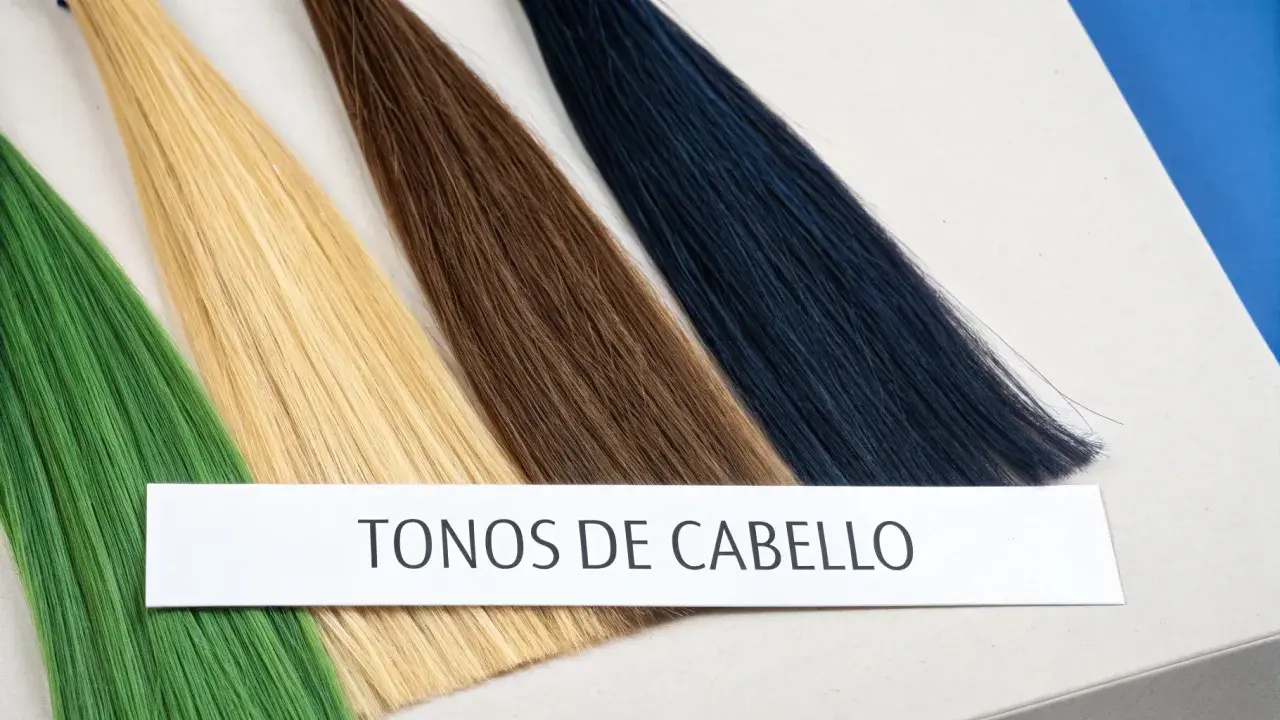 Muestras de cabello en tonos verde, rubio, castaño y azul oscuro. Una banda de papel dice "TONOS DE CABELLO", útil para saber mi subtono de piel.