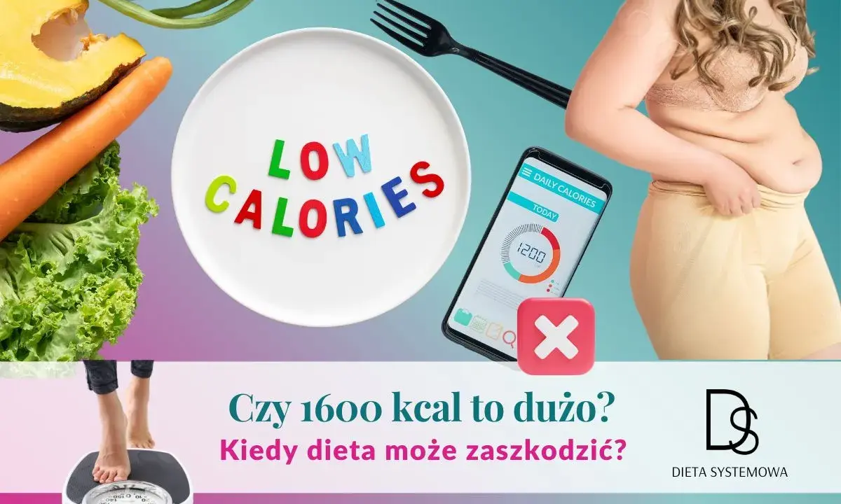 Warzywa, talerz z napisem "LOW CALORIES", aplikacja z kaloriami i osoba na wadze. Czy dieta 1600 kcal jest dla Ciebie?