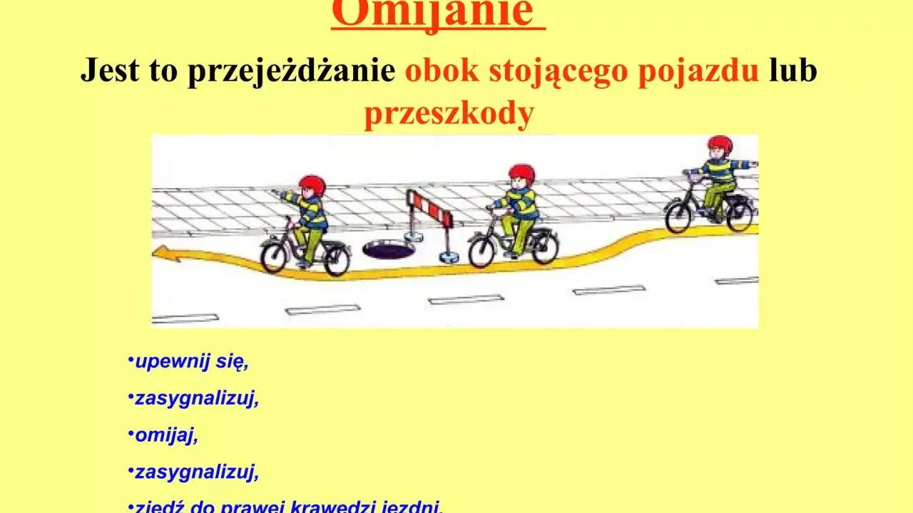 Dzieci na rowerach uczą się omijania przeszkody na drodze. Pamiętaj: upewnij się, zasygnalizuj, omijaj, zasygnalizuj i zjedź do prawej krawędzi.