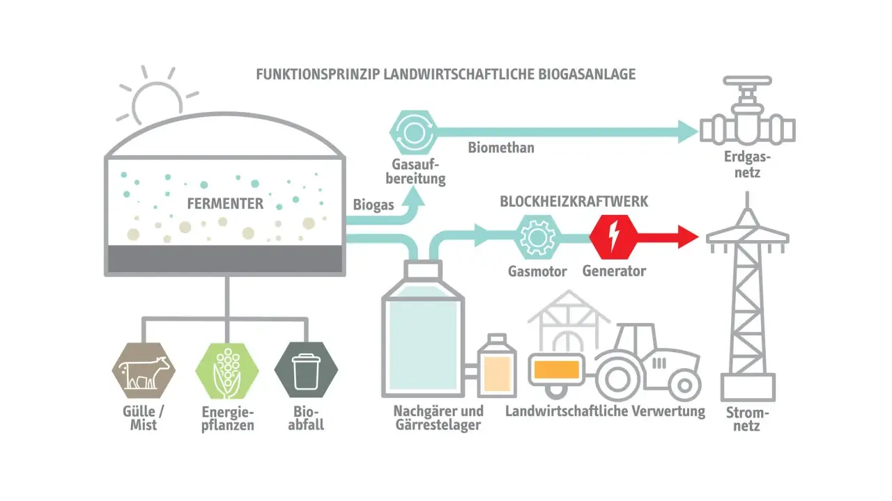 Schema einer Biogasanlage: Gülle, Energiepflanzen und Bioabfall werden im Fermenter zu Biogas, das aufbereitet und in einem Blockheizkraftwerk zur Stromerzeugung genutzt wird. So entstehen erneuerbare Gase.