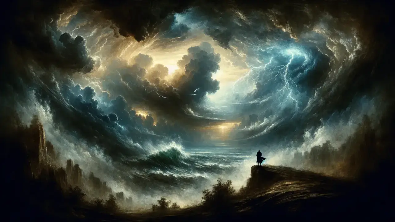 Un uomo osserva un mare in tempesta, fulmini squarciano il cielo. Un'immagine che evoca il **significato** di **Sturm und Drang**: passione, ribellione e la forza della natura.