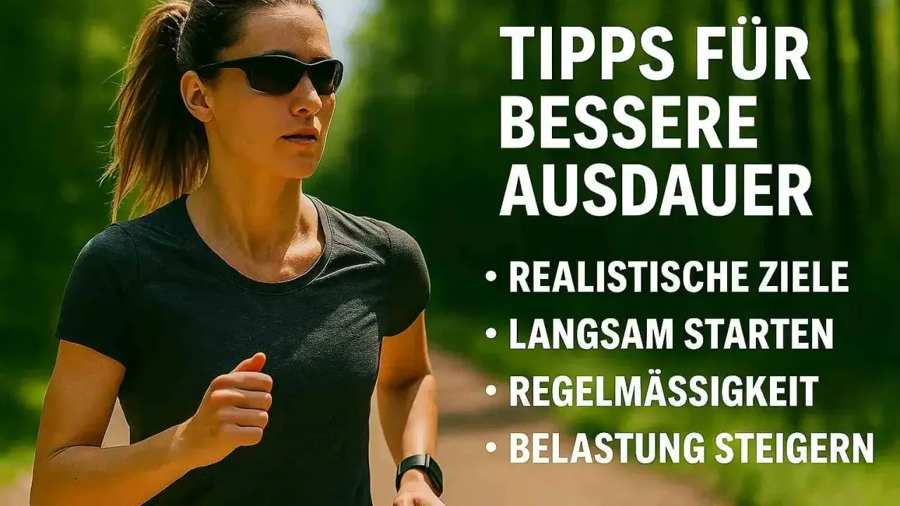 Frau läuft im Freien, um ihre Ausdauer zu trainieren. Tipps für bessere Ausdauer: realistische Ziele, langsam starten, Regelmäßigkeit, Belastung steigern.