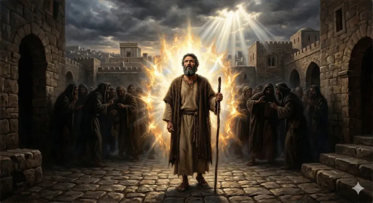 Mężczyzna w płomieniach, z laską w dłoni, otoczony ludźmi w kapturach. Światło przebija się przez chmury, jak w psalm 20.