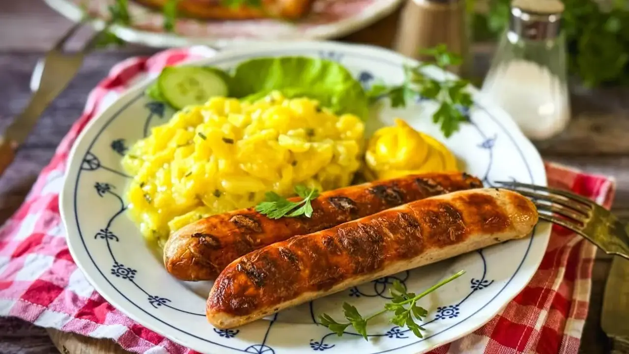 Zwei gegrillte Bratwürste mit Kartoffelsalat und Senf. Ein leckeres Rezept für Bratwurst selber machen.