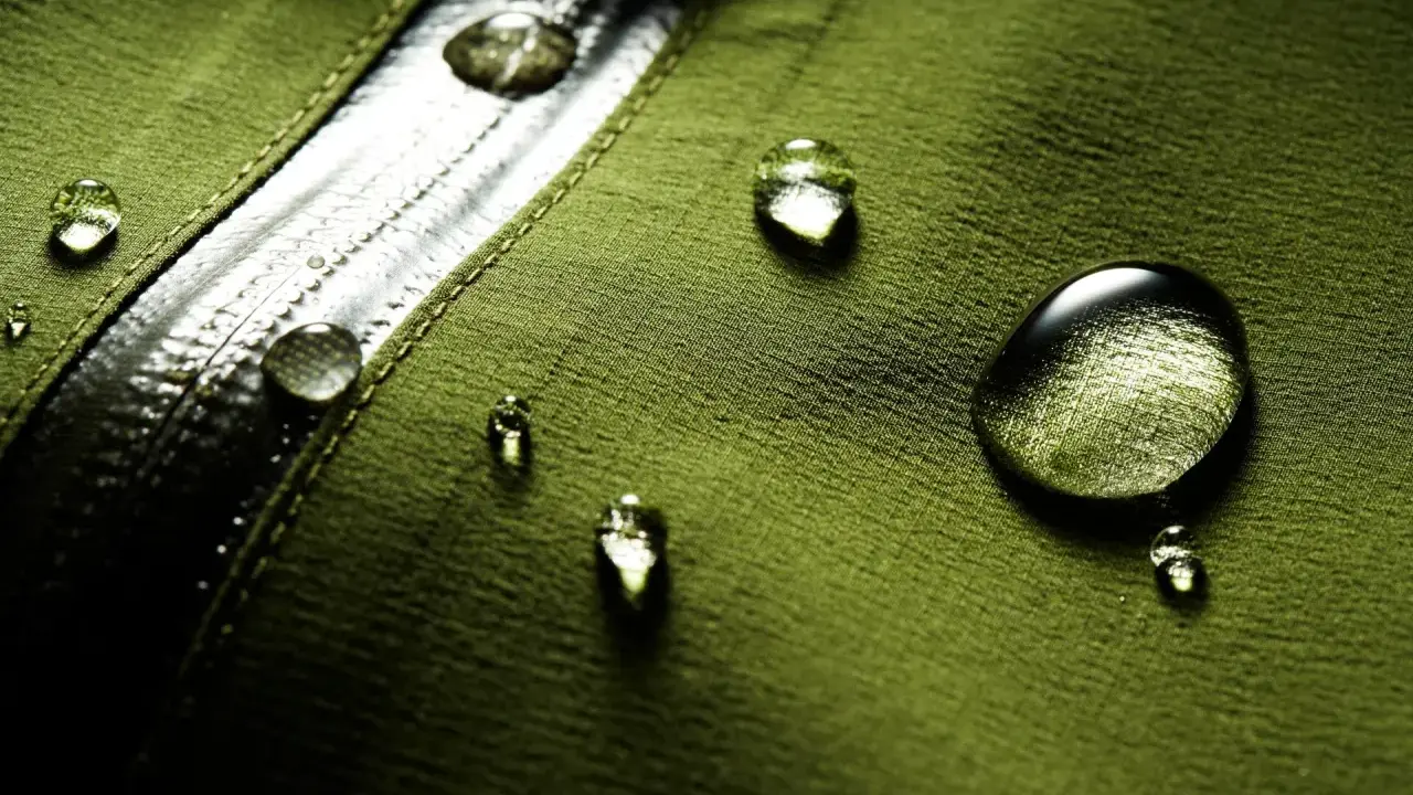 Gocce d'acqua su tessuto verde, dimostrando il significato di "water repellent".