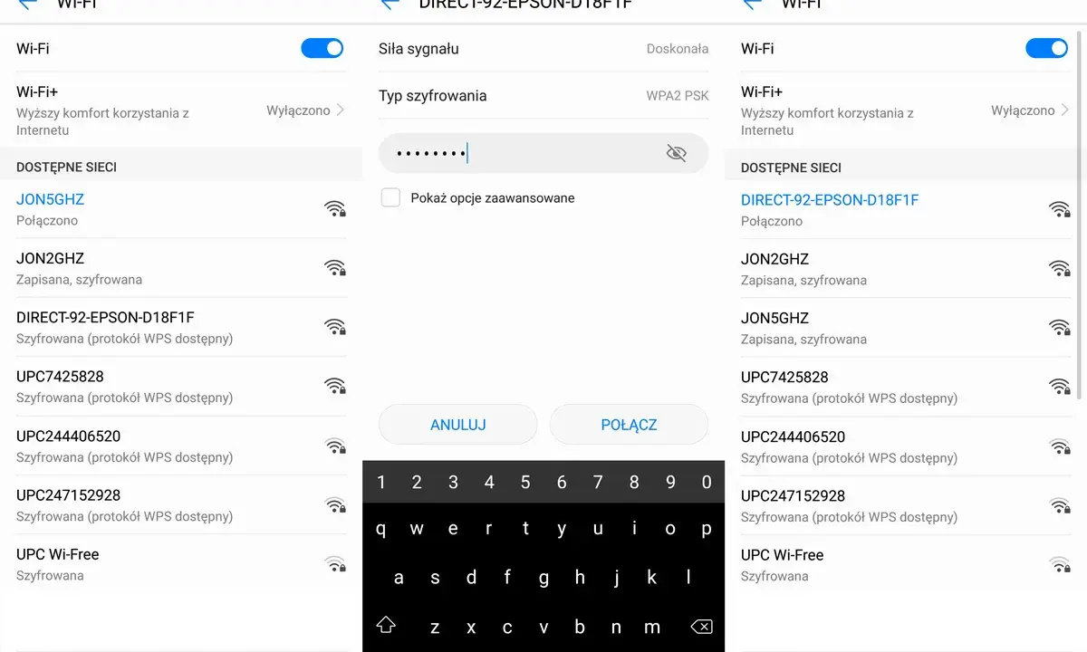Ekran telefonu z listą dostępnych sieci Wi-Fi i klawiaturą ekranową.