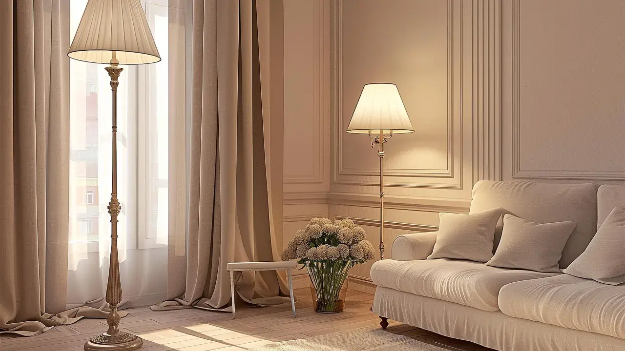 Elegancka lampa podłogowa niebieska, stojąca obok okna, tworzy przytulną atmosferę w salonie.