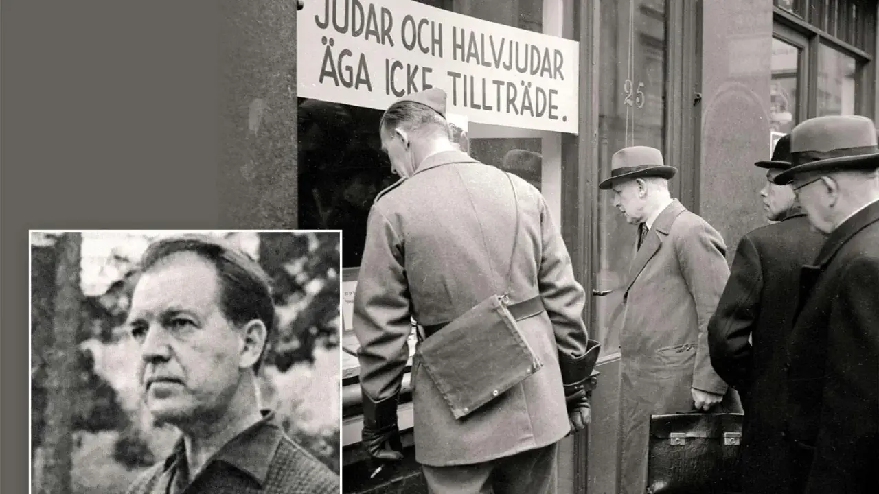 Einar Åberg, en man med ett allvarligt ansikte, i en collage med en bild av en skylt som säger "Judar och halvjudar äga icke tillträde.