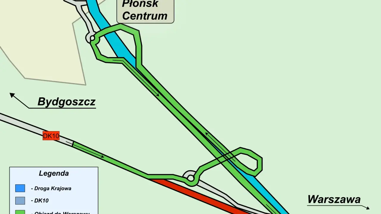 Mapa drogowa Płońska z zaznaczoną trasą DK7, objazdem do Warszawy i zamkniętym odcinkiem drogi.