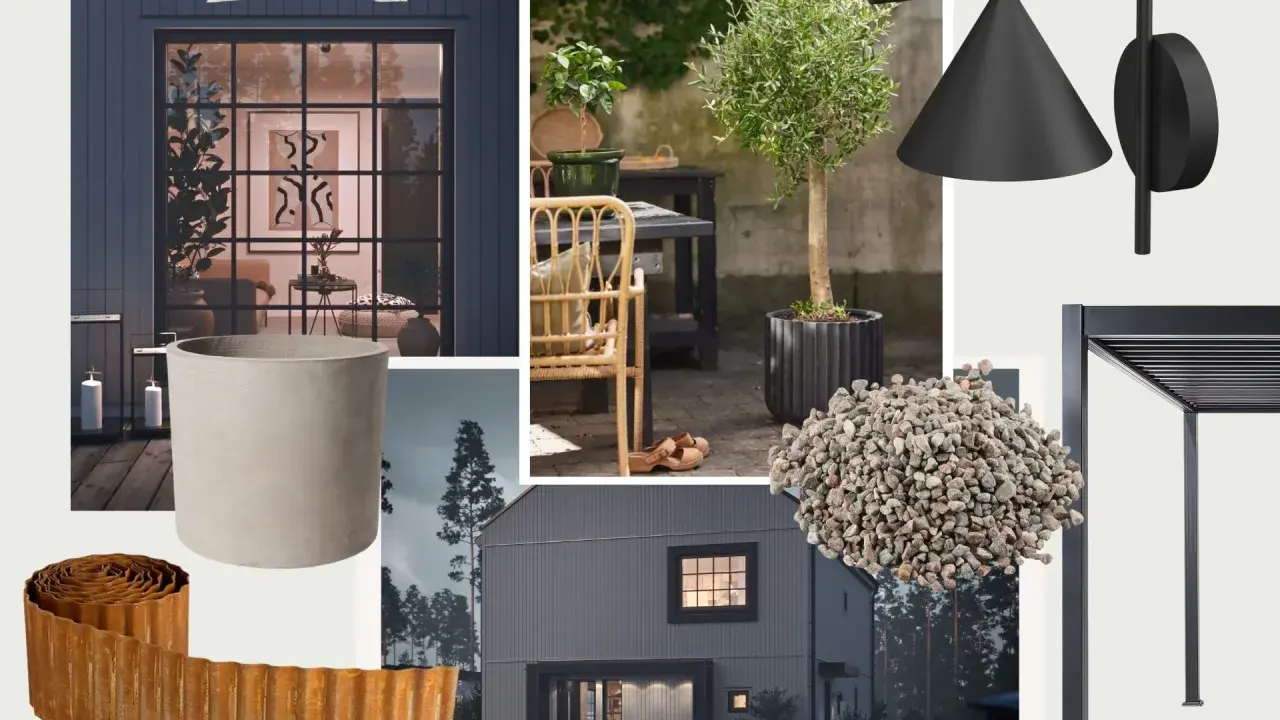 Inspiration för hur man gör en moodboard för utomhusmiljö: mörk fasad, olivträd, sten, pergola och modern belysning.