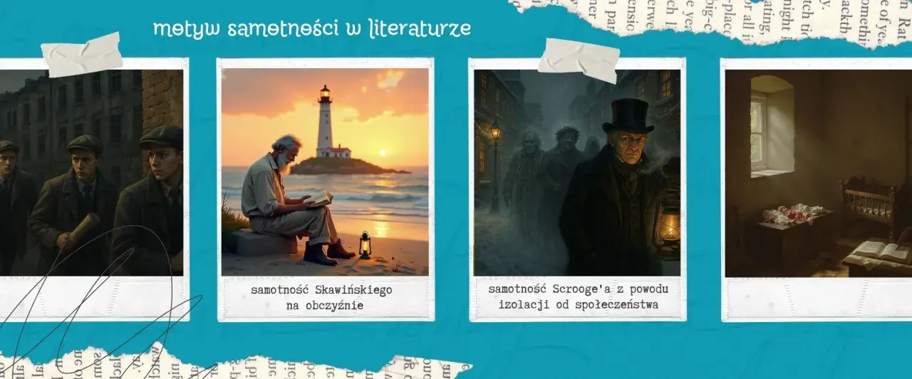Cztery obrazy: trzej młodzi mężczyźni, starszy mężczyzna czytający książkę przy latarni, postacie w mglistym mieście, pokój z łóżeczkiem i książką.