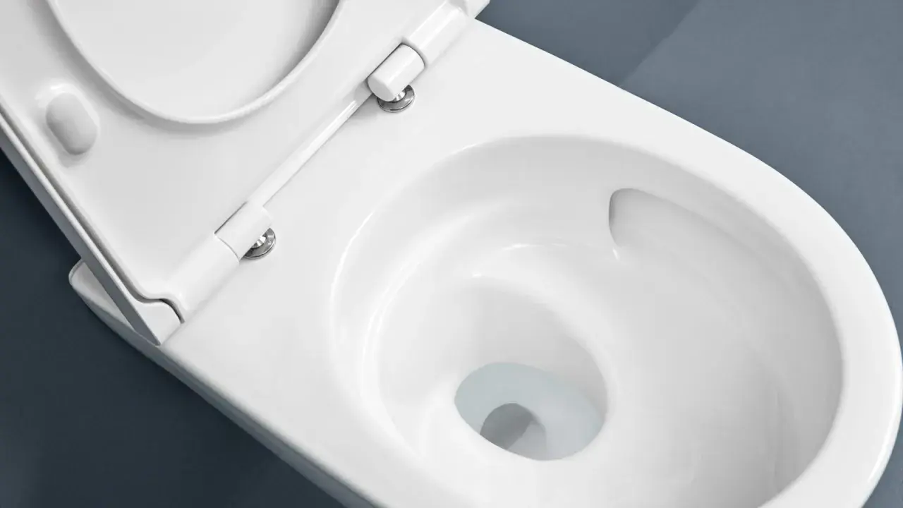 Vue rapprochée d'une cuvette de WC blanche, siège relevé, suggérant le sens d'ouverture de la porte des toilettes.