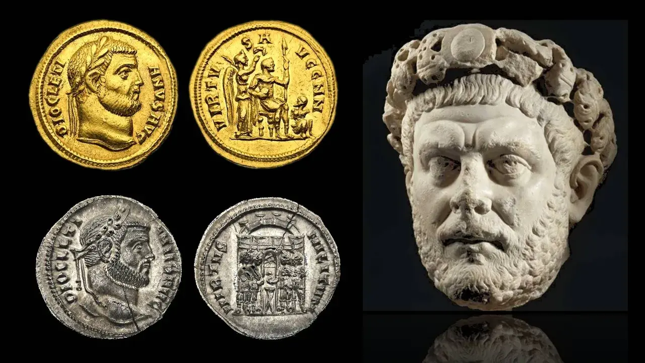 Monete d'oro e d'argento con ritratto di Diocleziano e busto in marmo. L'editto di Diocleziano, un'importante testimonianza storica.