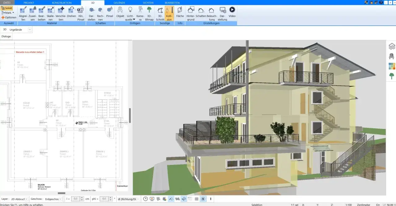 Ein 3D-Modell eines Hauses mit verschiedenen Giebel-Arten, Balkonen und Außentreppen. Der Grundriss ist links sichtbar.