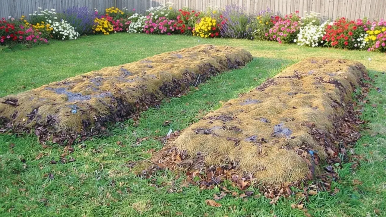 Deux plates-bandes en lasagne, couvertes de feuilles mortes et de paillis, attendent d'être plantées dans un jardin fleuri.