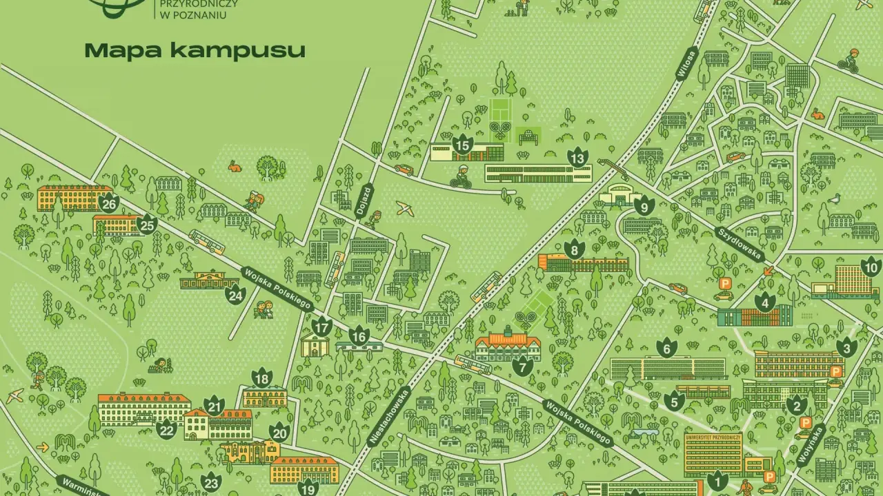 Mapa kampusu Uniwersytetu Przyrodniczego w Poznaniu z zaznaczonymi budynkami i ulicami.