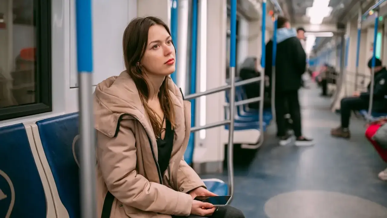 Młoda kobieta w beżowej kurtce siedzi w metrze, zamyślona. Może właśnie wraca z wizyty u lekarza, który wystawił jej L4 z powodu wypalenia zawodowego.