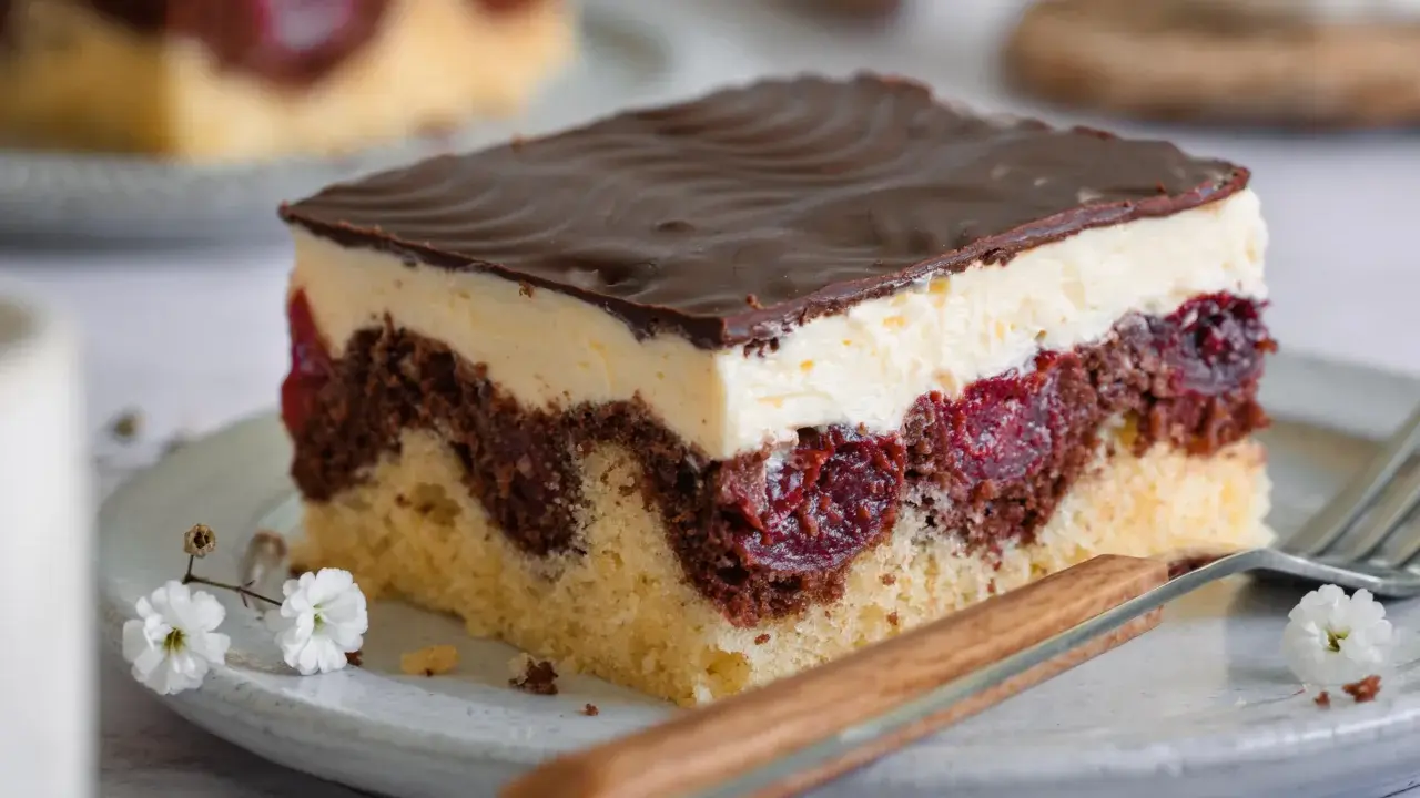 Ein Stück Donauwelle-Kuchen mit Schokoladenglasur, Sahne und Kirschen. Dieses Rezept ist ein Klassiker.