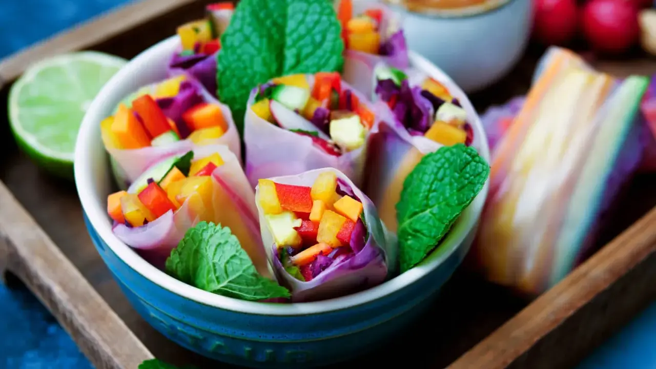 Frische Sommerrollen mit buntem Gemüse, Minze und einer Limettenspalte. Ein leichtes Sommerrollen Rezept für heiße Tage.