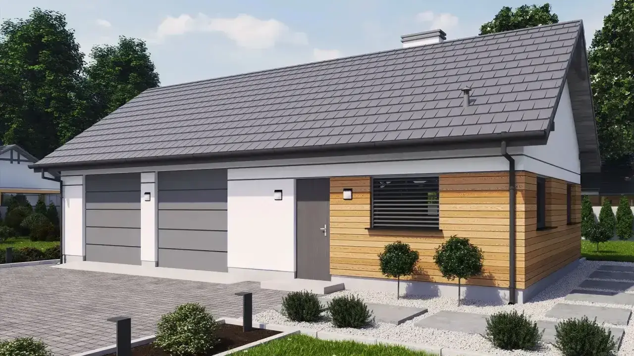 Nowoczesny budynek gospodarczy projekt: garaż na dwa samochody, drewniana elewacja, szary dach, zadbany ogród.