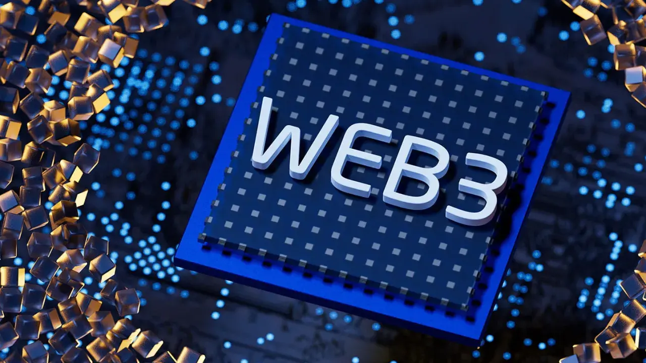 Centralny procesor z napisem WEB3, otoczony przez świecące kostki i punkty, symbolizujące przyszłość internetu.