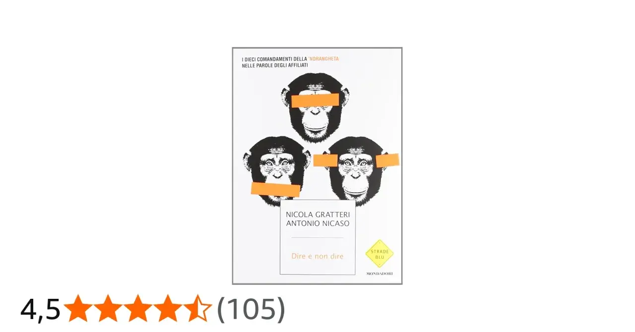 Copertina di "Dire e non dire", un libro di Nicola Gratteri sull'ndrangheta, con tre scimmie bendate.