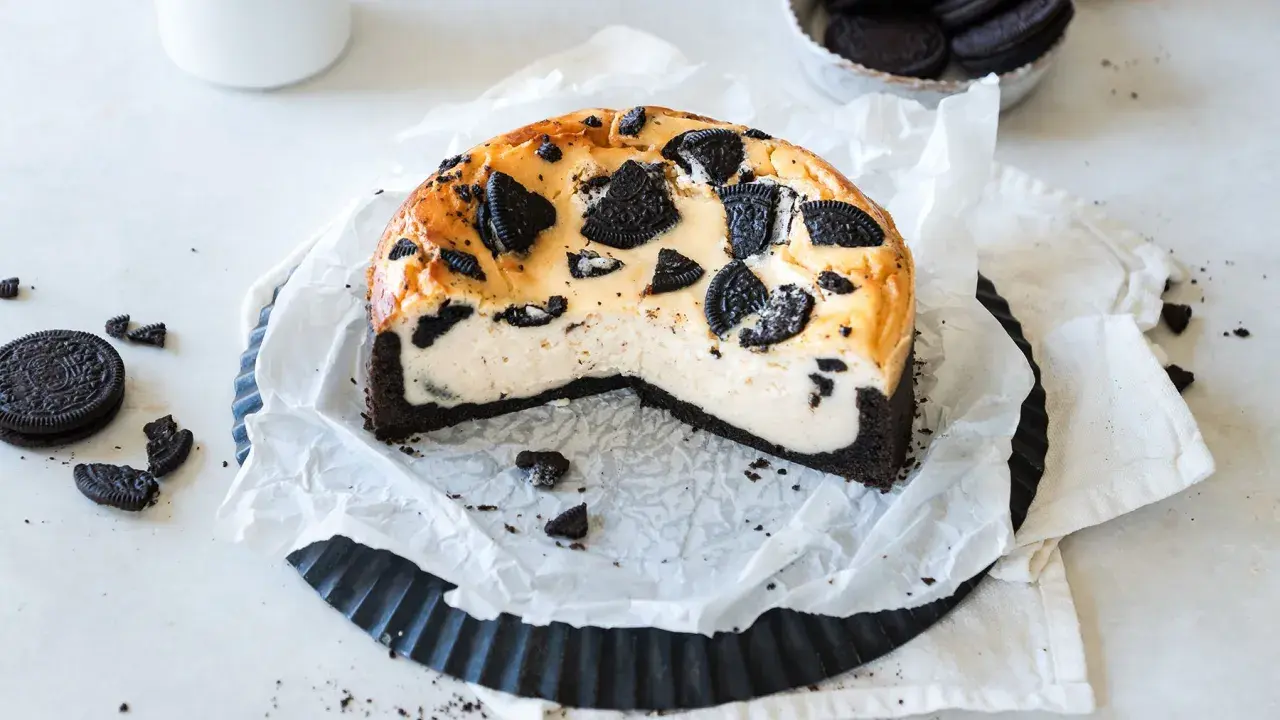 Ein cremiger Oreo Kuchen mit einem dunklen Keksboden, dekoriert mit ganzen und zerbrochenen Oreos.