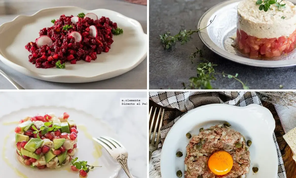 Cuatro platos de tartar: de remolacha, de atún, de aguacate y granada, y de carne con huevo.