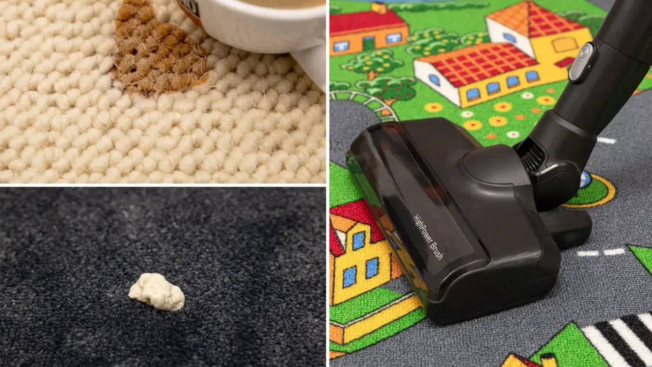 Kaffee verschüttet, Kaugummi klebt: braune Flecken auf dem Teppich und ein Staubsauger auf einem Spielteppich.