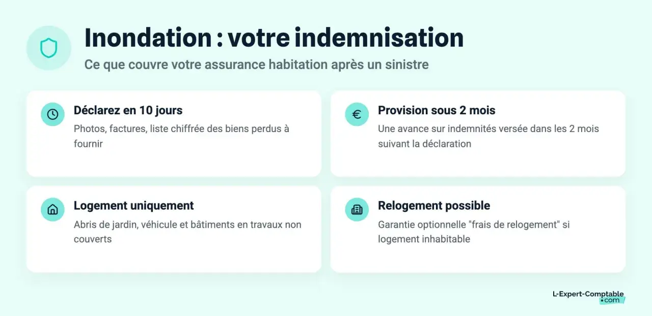 Indemnisation après inondation : déclaration sous 10 jours, provision sous 2 mois, et prise en charge du logement. Le délai travaux après sinistre est géré.