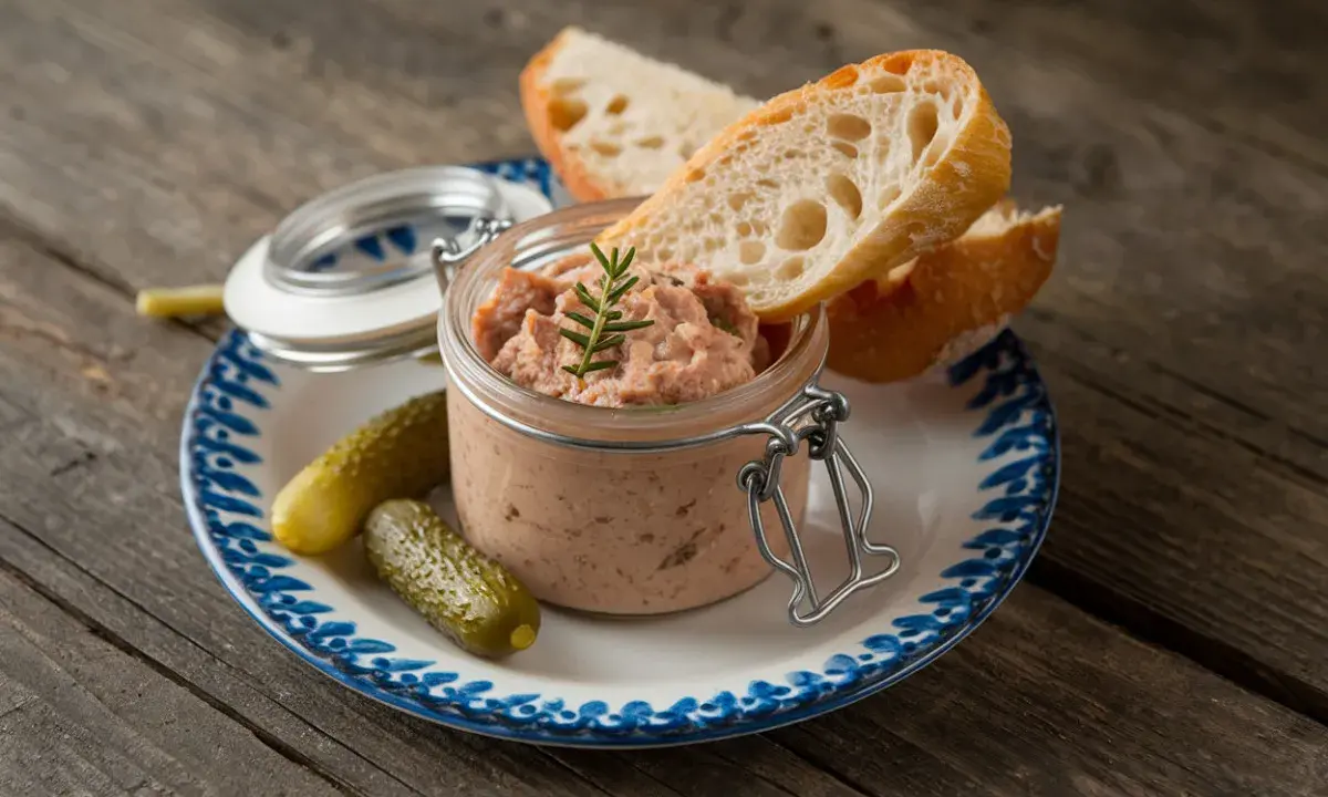 Un pot de rillettes de porc, garni d'une brindille de romarin, est servi avec des cornichons et des tranches de pain croustillant sur une assiette décorée.