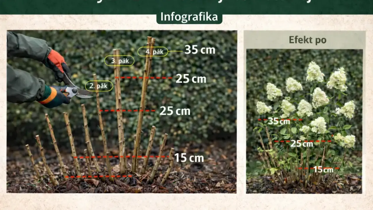 Jak ciąć hortensje bukietowe: przykładowe cięcie na 2-4 pąki, efekt po przycięciu.